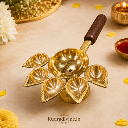 Panch Mukhi Jyot with Handle made from 100% Pure Brass, featuring a traditional five-flame design for Aarti, Pooja, Mandir rituals and spiritual practices by Rudradivine.
