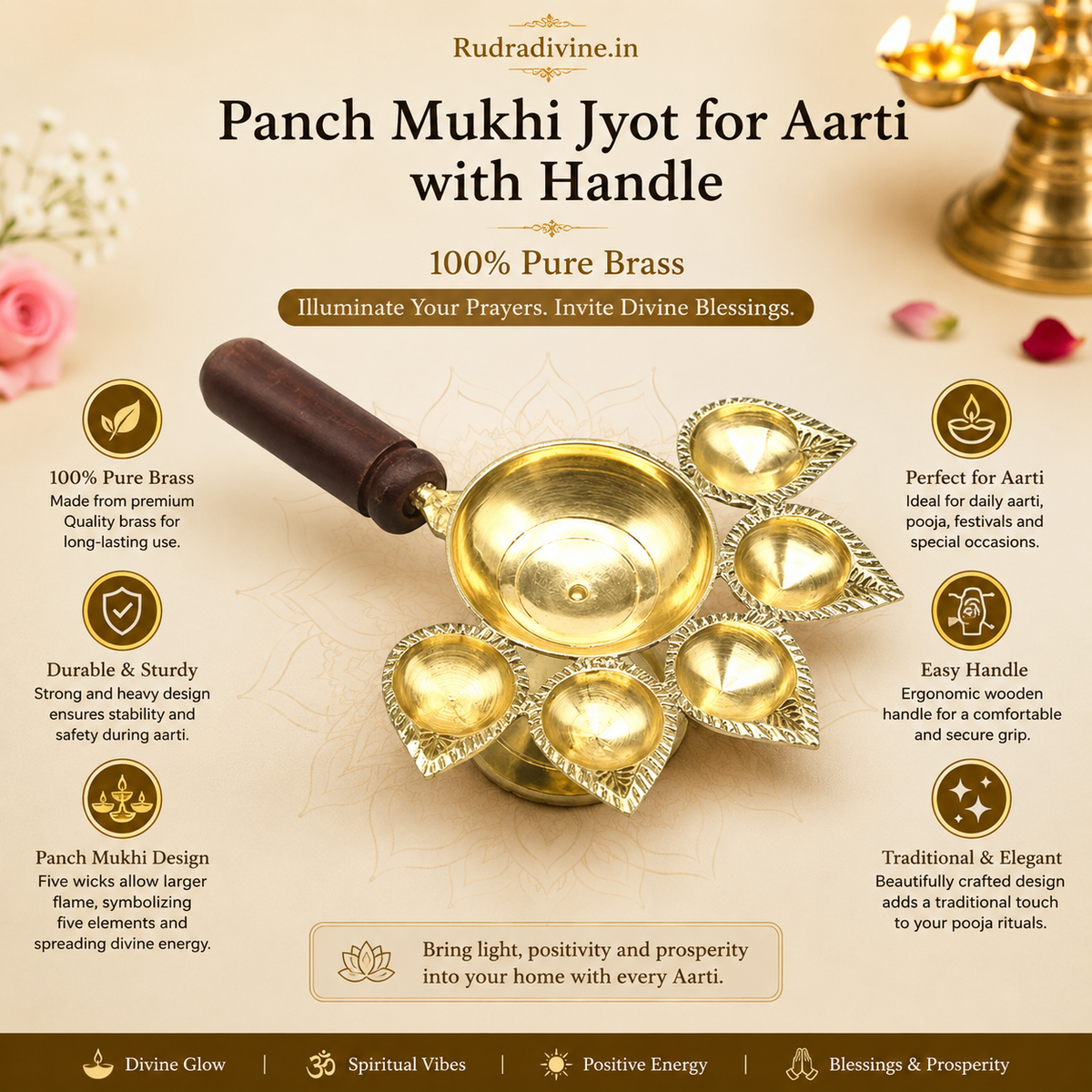 Panch Mukhi Jyot with Handle made from 100% Pure Brass, featuring a traditional five-flame design for Aarti, Pooja, Mandir rituals and spiritual practices by Rudradivine.