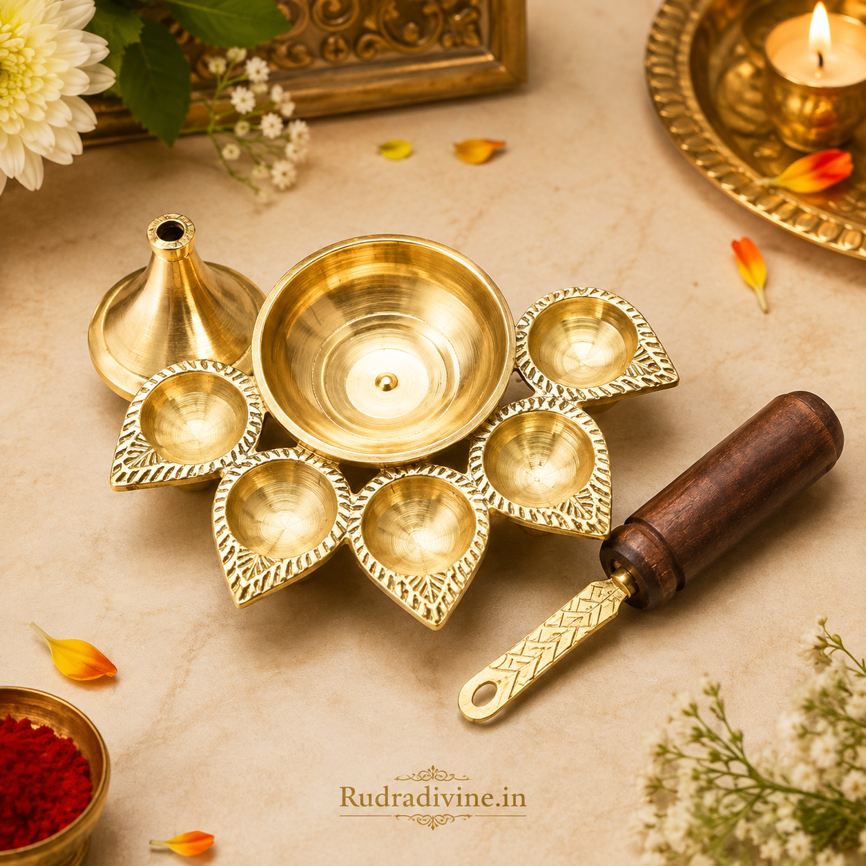 Panch Mukhi Jyot with Handle made from 100% Pure Brass, featuring a traditional five-flame design for Aarti, Pooja, Mandir rituals and spiritual practices by Rudradivine.