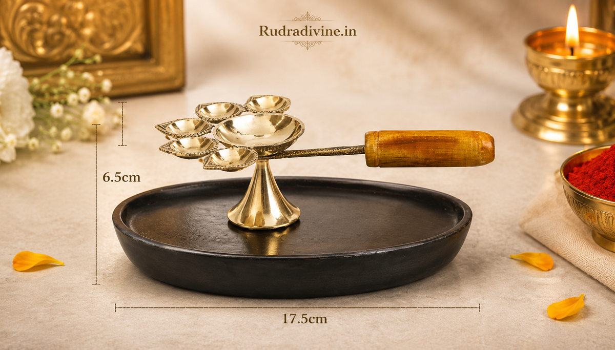 Panch Mukhi Jyot with Handle made from 100% Pure Brass, featuring a traditional five-flame design for Aarti, Pooja, Mandir rituals and spiritual practices by Rudradivine.