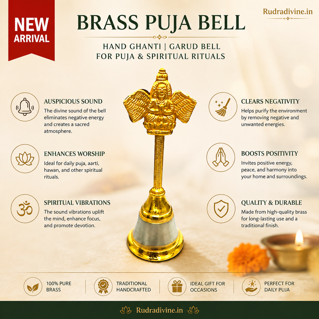 Puja Bell Hand Ghanti Garud Bell by Rudradivine for home temple, puja, aarti, prayer and traditional spiritual rituals with a sacred resonant sound.