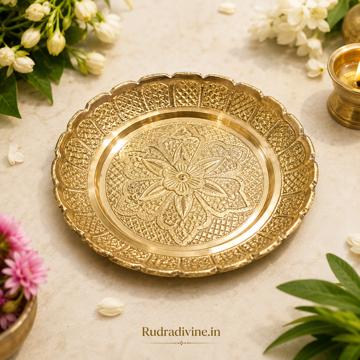 Pure Brass Flower Design Thali for Mandir and puja, featuring an elegant traditional floral design by Rudradivine for aarti, worship and religious use.
