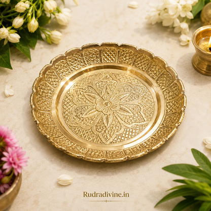 Pure Brass Flower Design Thali for Mandir and puja, featuring an elegant traditional floral design by Rudradivine for aarti, worship and religious use.