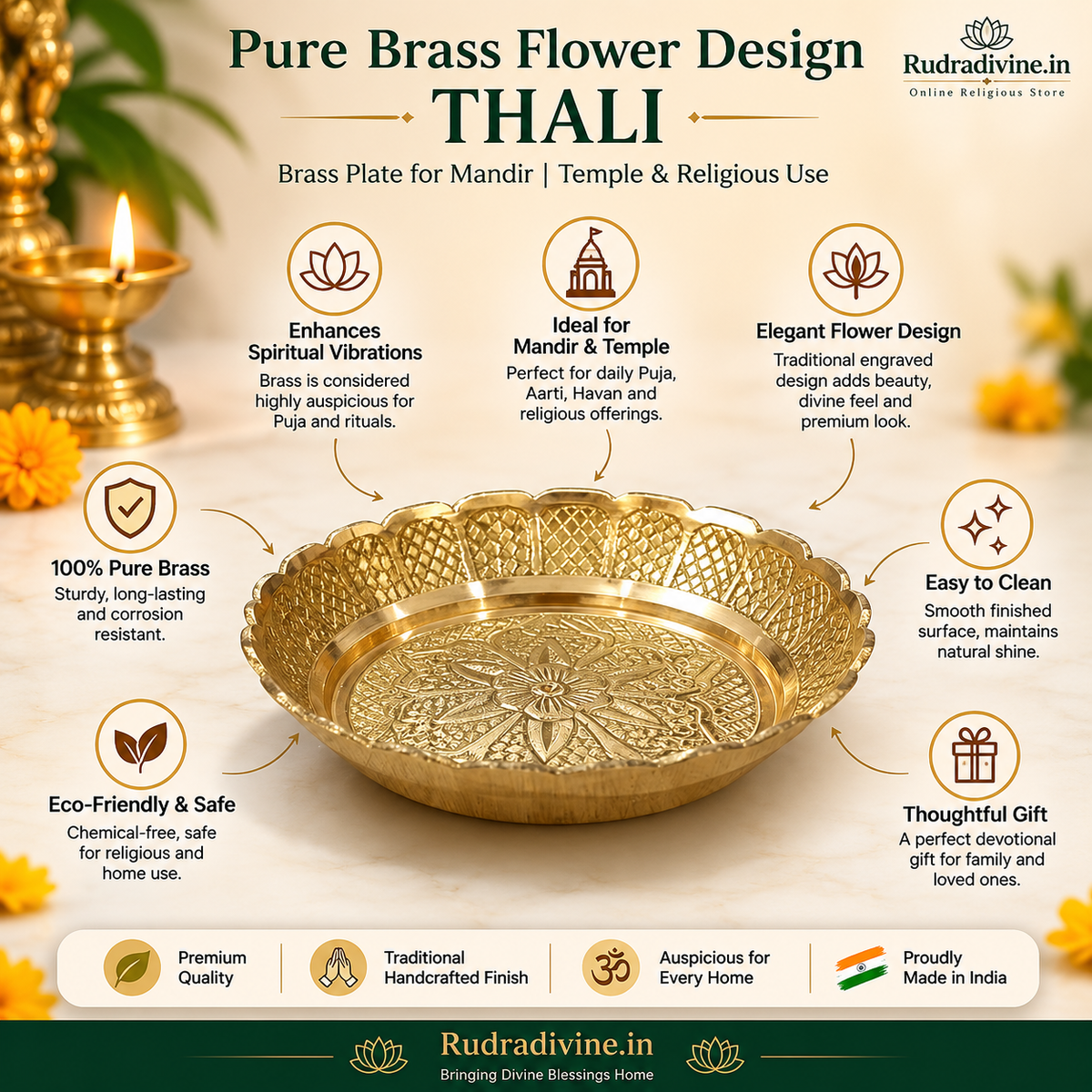 Pure Brass Flower Design Thali for Mandir and puja, featuring an elegant traditional floral design by Rudradivine for aarti, worship and religious use.