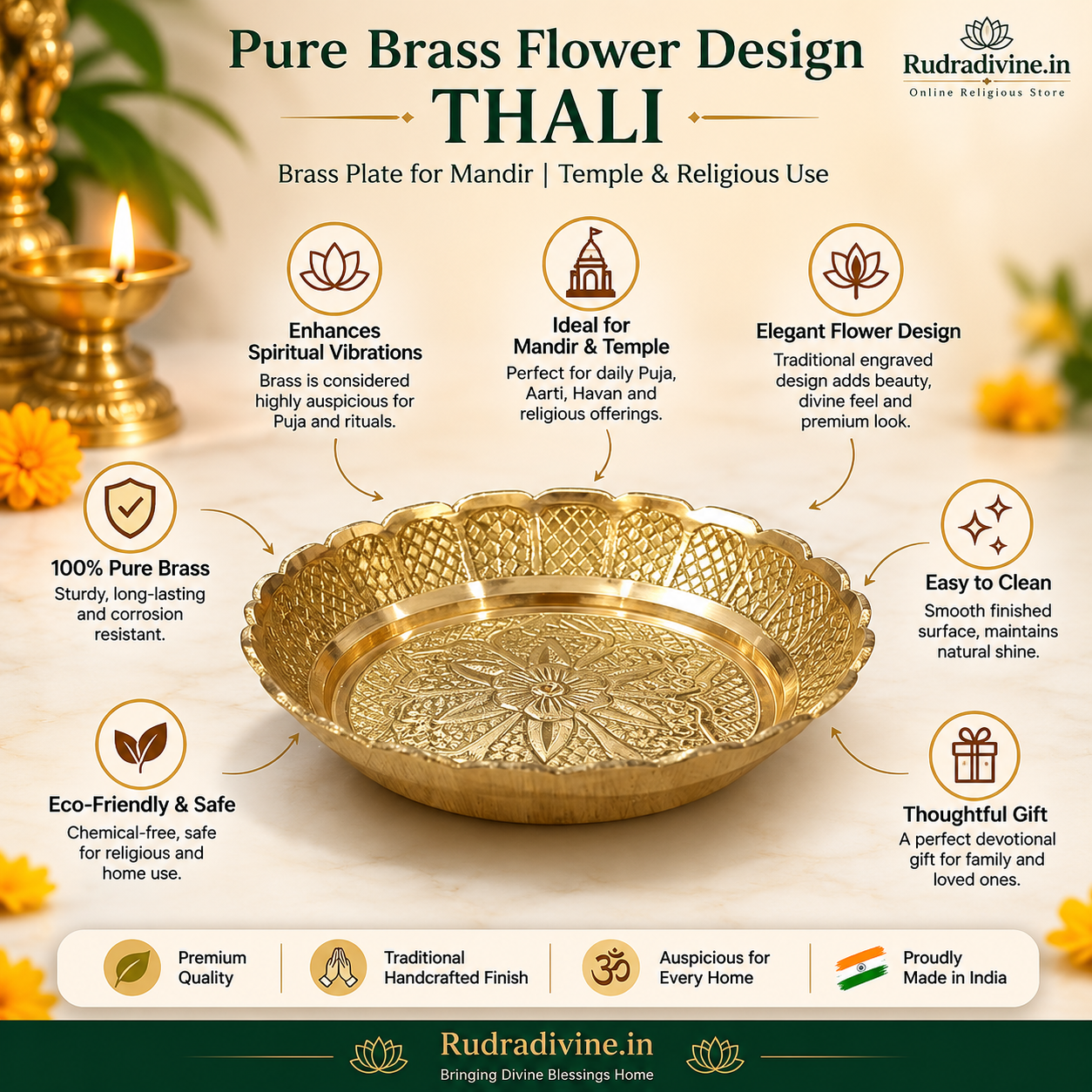 Pure Brass Flower Design Thali for Mandir and puja, featuring an elegant traditional floral design by Rudradivine for aarti, worship and religious use.