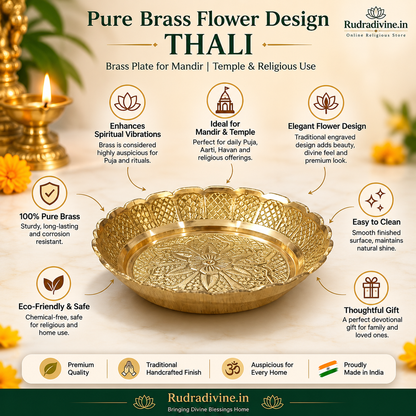 Pure Brass Flower Design Thali for Mandir and puja, featuring an elegant traditional floral design by Rudradivine for aarti, worship and religious use.