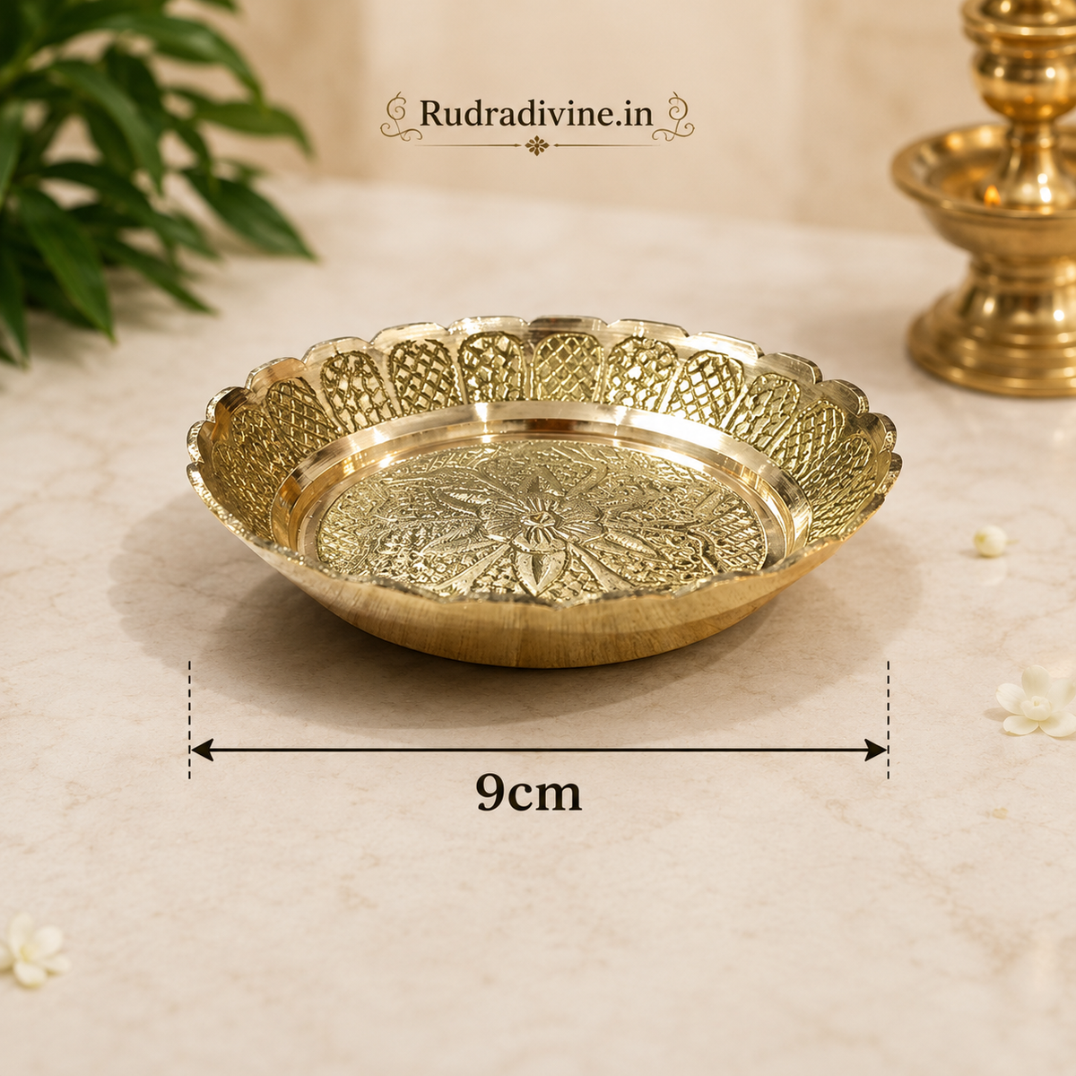 Pure Brass Flower Design Thali for Mandir and puja, featuring an elegant traditional floral design by Rudradivine for aarti, worship and religious use.