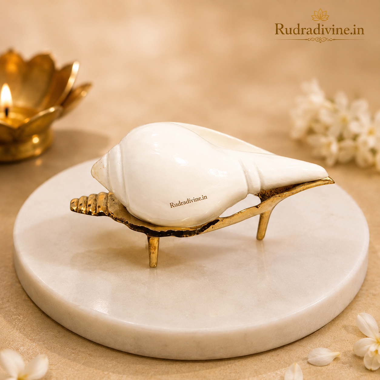 Pure Brass Shankh Stand for Conch Shell Display by Rudradivine, designed for traditional pooja rooms, home mandirs, devotional spaces and religious decor.
