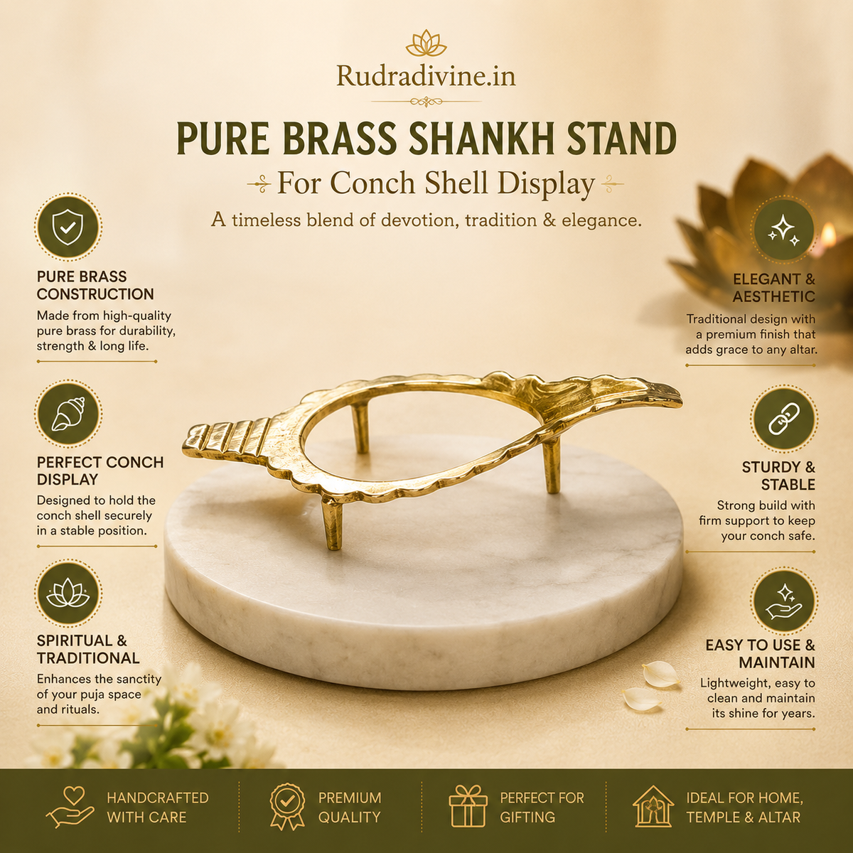 Pure Brass Shankh Stand for Conch Shell Display by Rudradivine, designed for traditional pooja rooms, home mandirs, devotional spaces and religious decor.