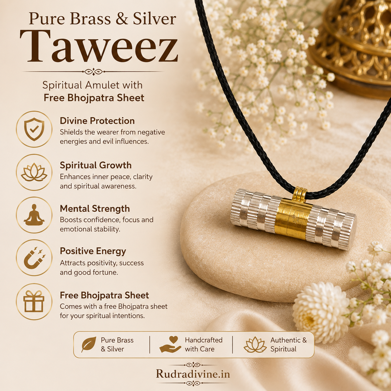 Pure Brass & Silver Taweez with Free Bhojpatra Sheet by Rudradivine, traditional spiritual amulet designed for puja, devotion, and everyday spiritual use.