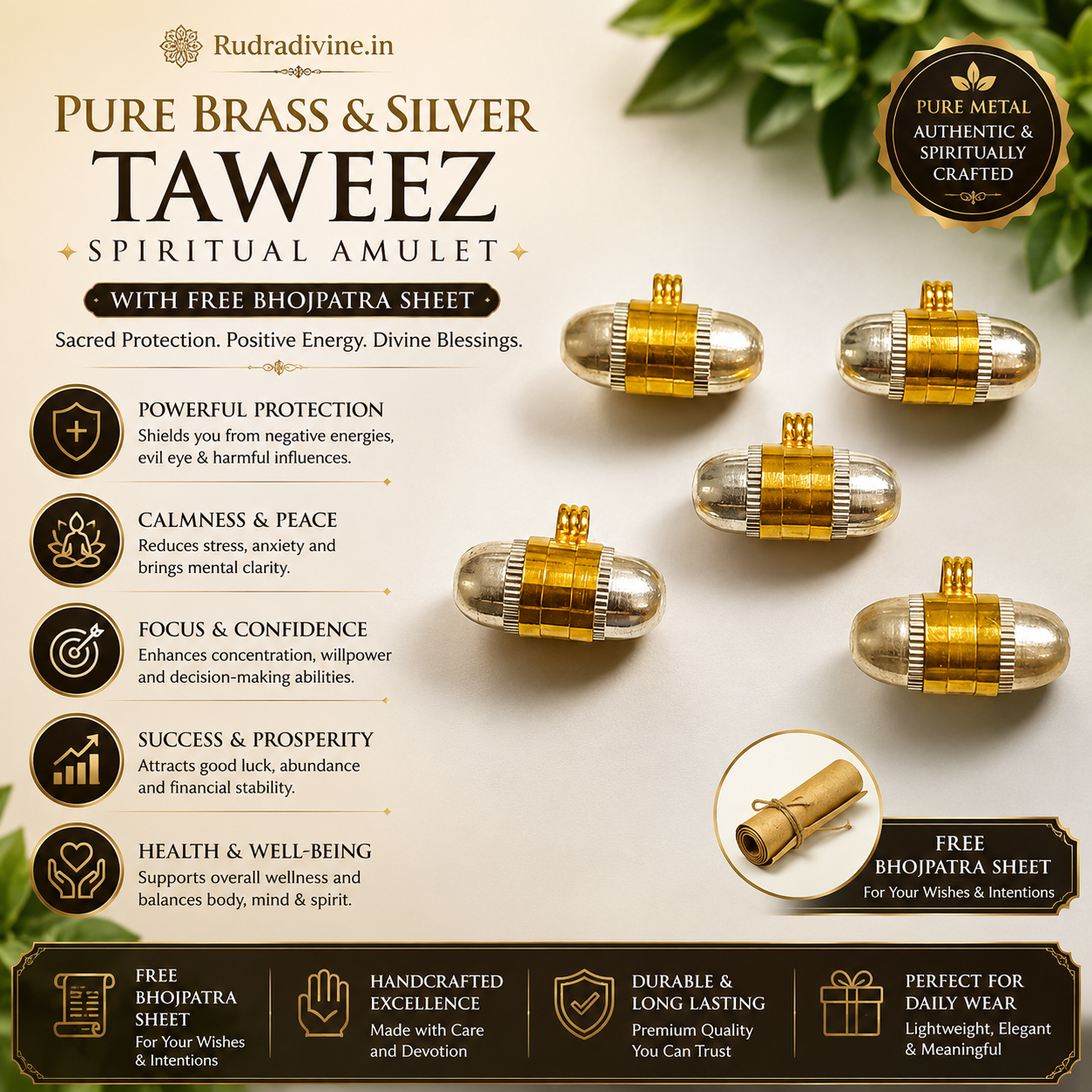 Pure Brass & Silver Taweez with Free Bhojpatra Sheet by Rudradivine, traditional spiritual amulet designed for puja, devotion, and everyday spiritual use.