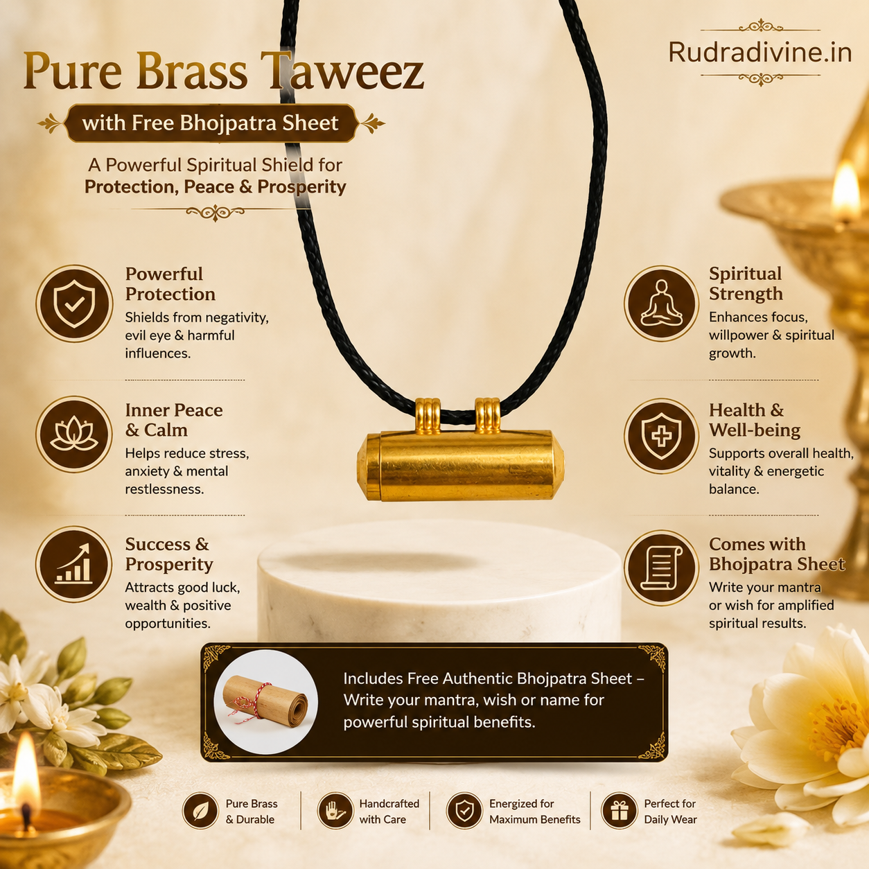 Pure Brass Taweez with Free Bhojpatra Sheet by Rudradivine, traditional spiritual accessory for puja, devotion, meditation and personal spiritual practices.
