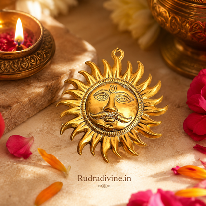 Pure Brass Wall Hanging Sun by Rudradivine, traditional Surya-inspired decor for Vaastu and Shani Dosh remedies, home entrance, pooja room and spiritual spaces.