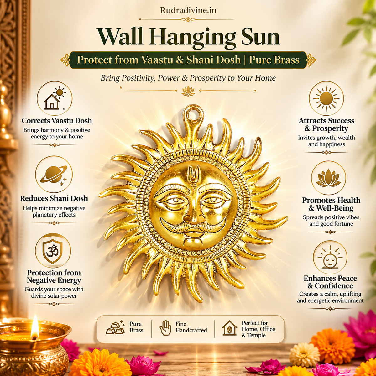 Pure Brass Wall Hanging Sun by Rudradivine, traditional Surya-inspired decor for Vaastu and Shani Dosh remedies, home entrance, pooja room and spiritual spaces.