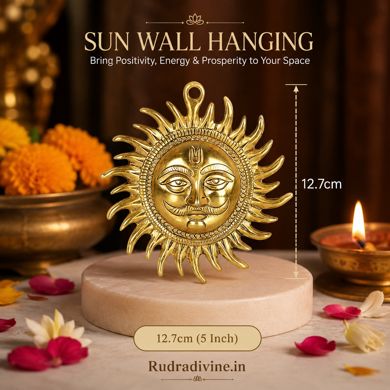 Pure Brass Wall Hanging Sun by Rudradivine, traditional Surya-inspired decor for Vaastu and Shani Dosh remedies, home entrance, pooja room and spiritual spaces.