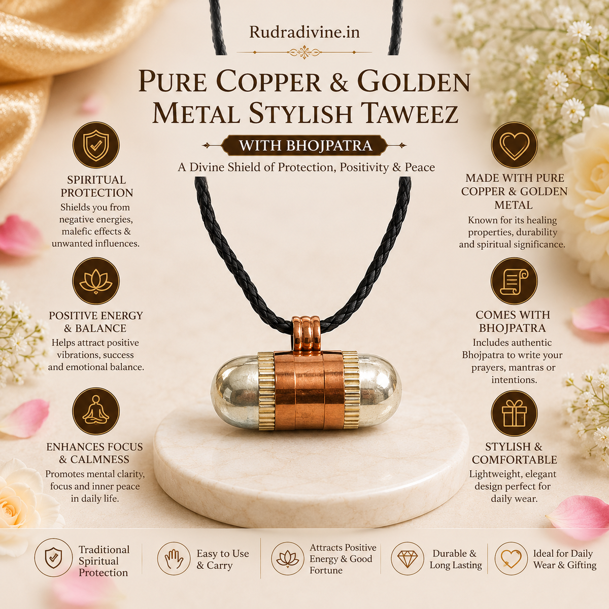 Pure Copper & Golden Metal Stylish Taweez with Bhojpatra Sheet by Rudradivine, traditional spiritual accessory with elegant metal finish for religious and spiritual use.