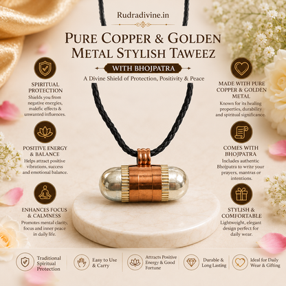 Pure Copper & Golden Metal Stylish Taweez with Bhojpatra Sheet by Rudradivine, traditional spiritual accessory with elegant metal finish for religious and spiritual use.