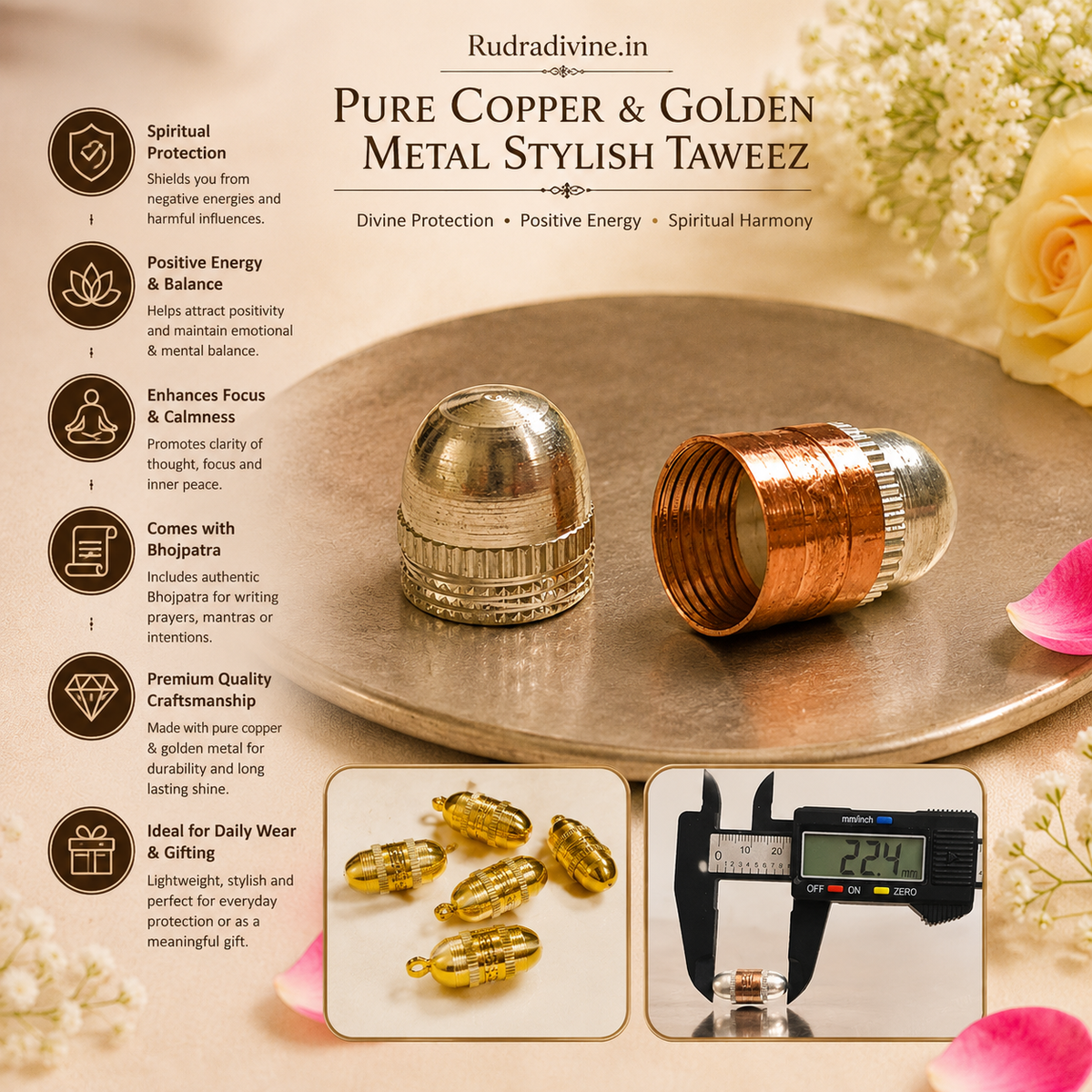 Pure Copper & Golden Metal Stylish Taweez with Bhojpatra Sheet by Rudradivine, traditional spiritual accessory with elegant metal finish for religious and spiritual use.