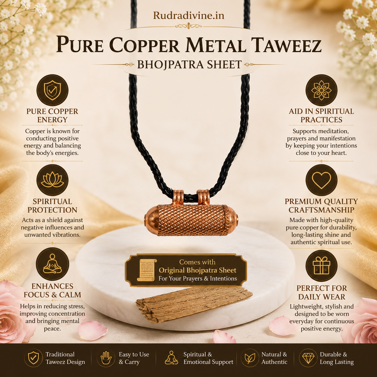 Pure Copper Metal Taweez with Bhojpatra Sheet by Rudradivine, designed for traditional puja, devotional practices, meditation and spiritual use.