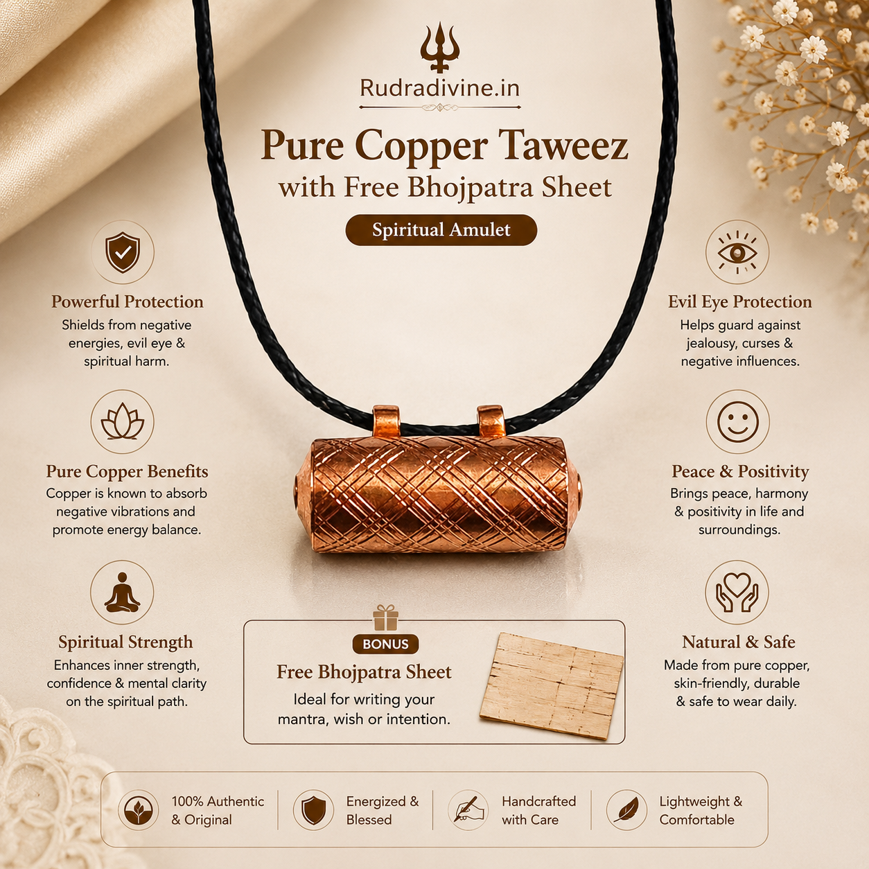 Pure Copper Taweez with Free Bhojpatra Sheet by Rudradivine, traditional spiritual amulet for puja, devotion, prayer, meditation and sacred practices.