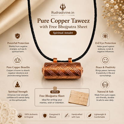 Pure Copper Taweez with Free Bhojpatra Sheet by Rudradivine, traditional spiritual amulet for puja, devotion, prayer, meditation and sacred practices.
