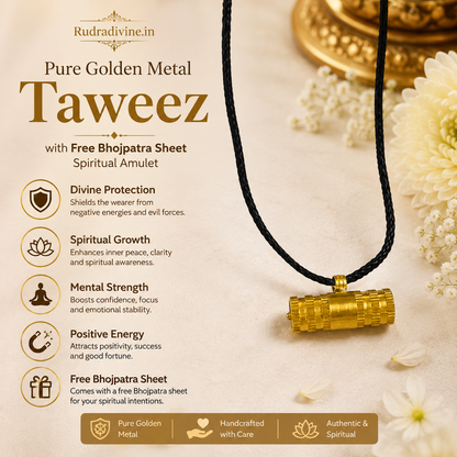 Pure Golden Metal Taweez with Free Bhojpatra Sheet, traditional spiritual amulet by Rudradivine for puja, devotion, rituals and everyday spiritual use.