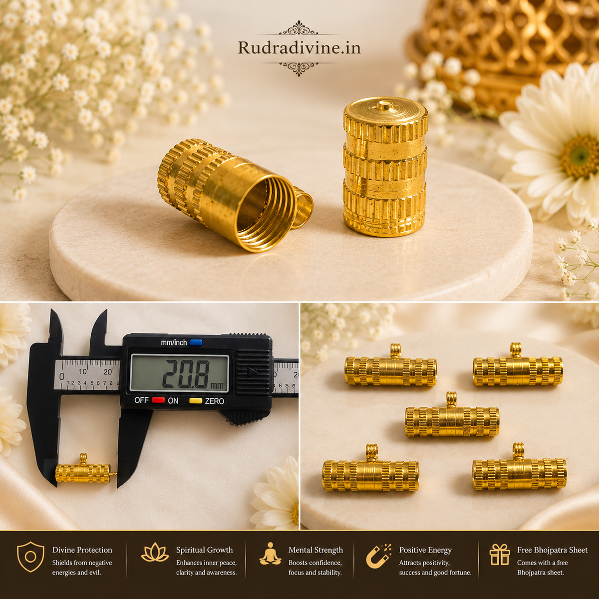 Pure Golden Metal Taweez with Free Bhojpatra Sheet, traditional spiritual amulet by Rudradivine for puja, devotion, rituals and everyday spiritual use.