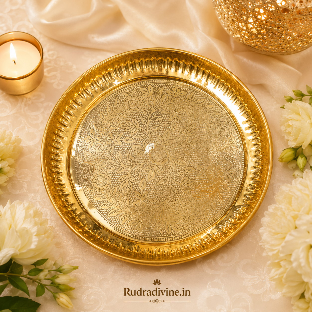 Pure Heavy Brass Thali for pooja, temple and religious use, featuring a traditional brass plate design by Rudradivine for daily worship and spiritual rituals.