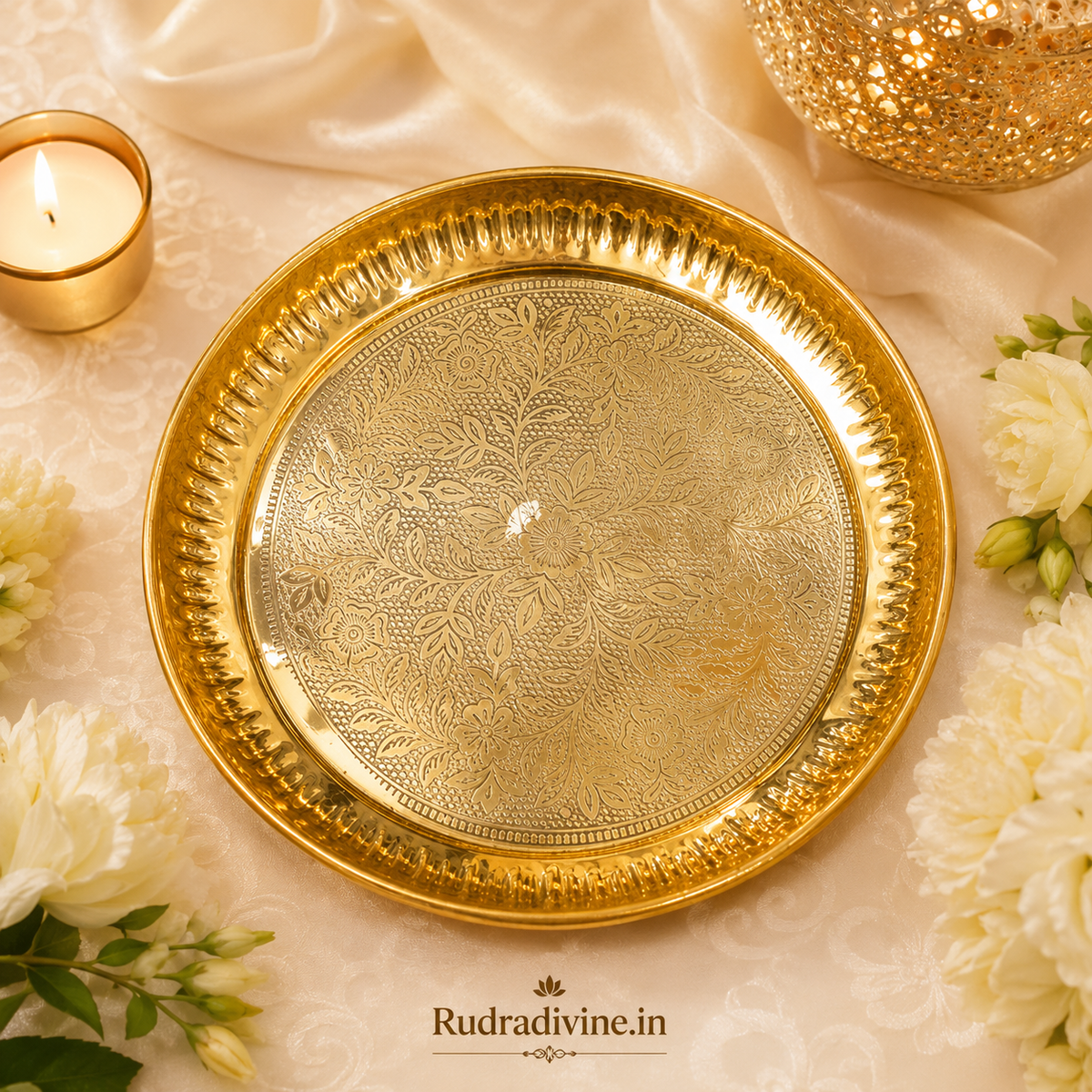 Pure Heavy Brass Thali for pooja, temple and religious use, featuring a traditional brass plate design by Rudradivine for daily worship and spiritual rituals.