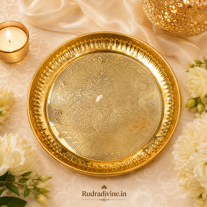 Pure Heavy Brass Thali for pooja, temple and religious use, featuring a traditional brass plate design by Rudradivine for daily worship and spiritual rituals.