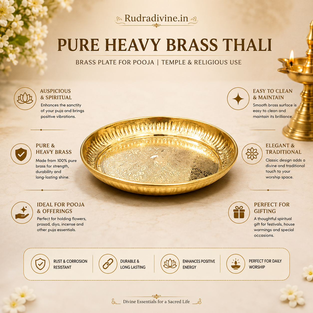 Pure Heavy Brass Thali for pooja, temple and religious use, featuring a traditional brass plate design by Rudradivine for daily worship and spiritual rituals.