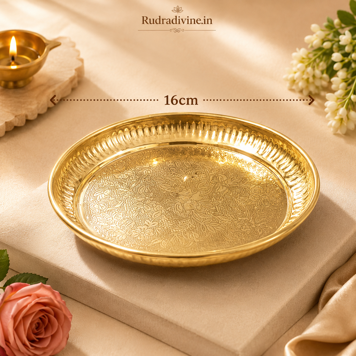 Pure Heavy Brass Thali for pooja, temple and religious use, featuring a traditional brass plate design by Rudradivine for daily worship and spiritual rituals.