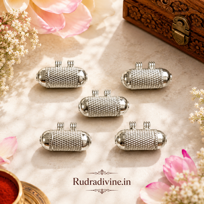 Pure Silver Metal Stylish Taweez with Free Bhojpatra Sheet by Rudradivine, traditional spiritual accessory for puja, devotion, meditation and religious practices.