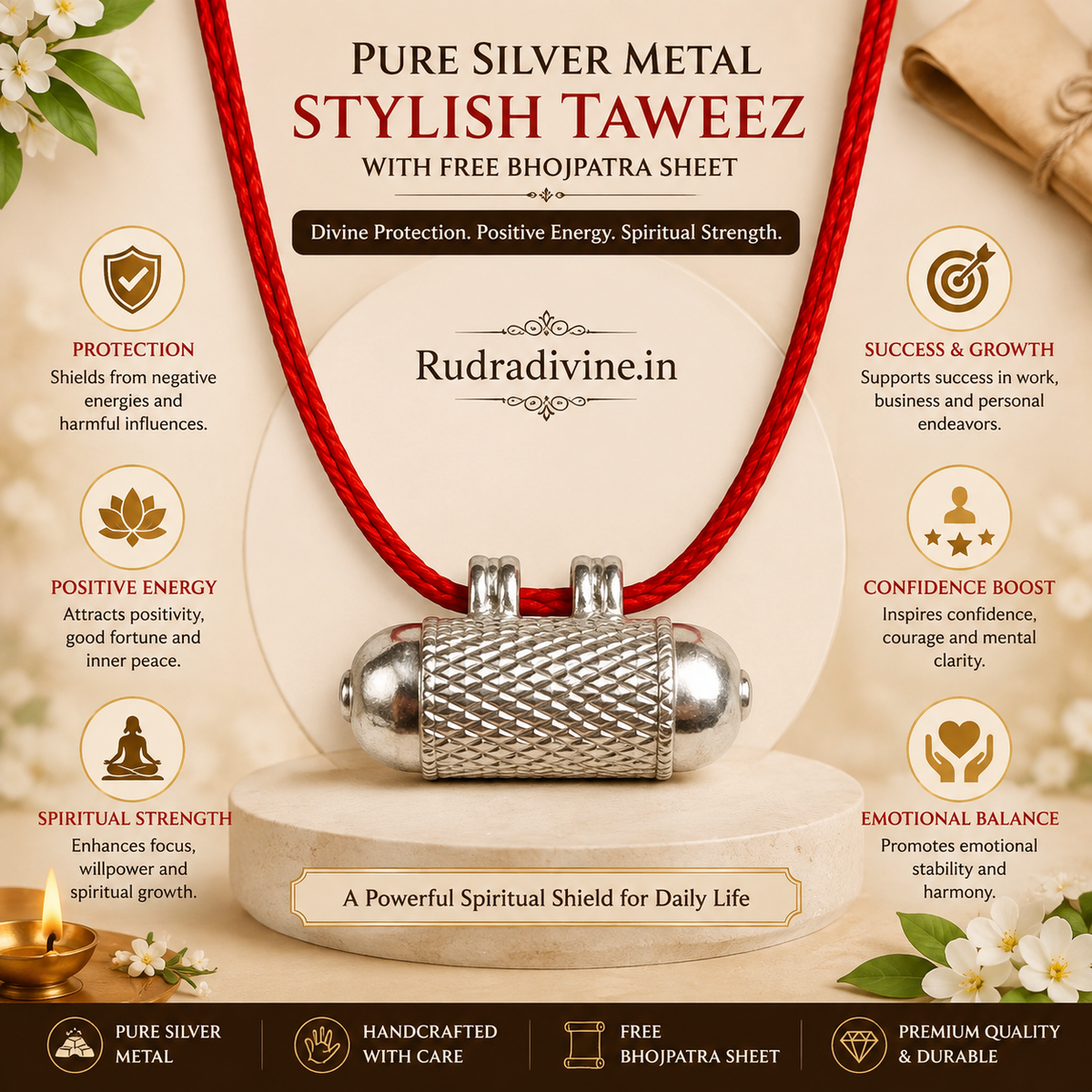 Pure Silver Metal Stylish Taweez with Free Bhojpatra Sheet by Rudradivine, traditional spiritual accessory for puja, devotion, meditation and religious practices.