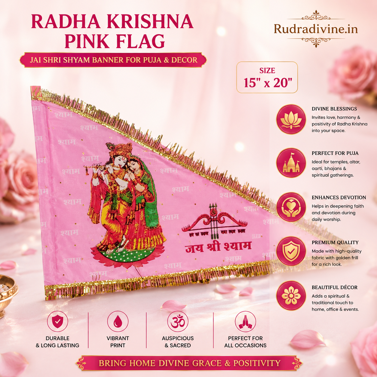 Radha Krishna Pink Flag 15X20 inches with Jai Shri Shyam devotional design for puja, home temple, mandir, festivals, spiritual decor and religious display by Rudradivine.
