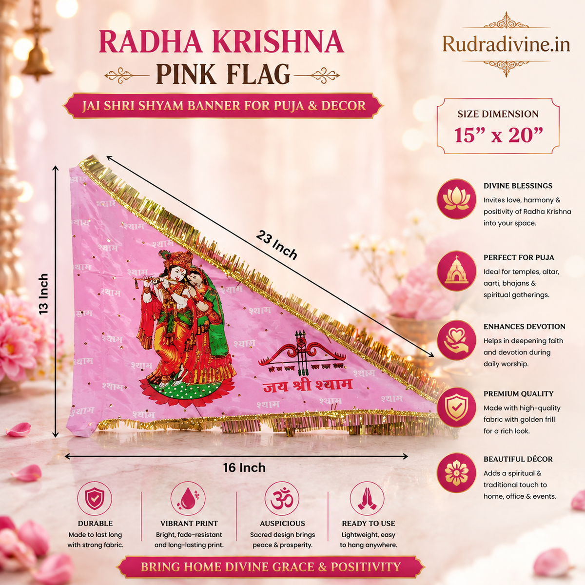 Radha Krishna Pink Flag 15X20 inches with Jai Shri Shyam devotional design for puja, home temple, mandir, festivals, spiritual decor and religious display by Rudradivine.