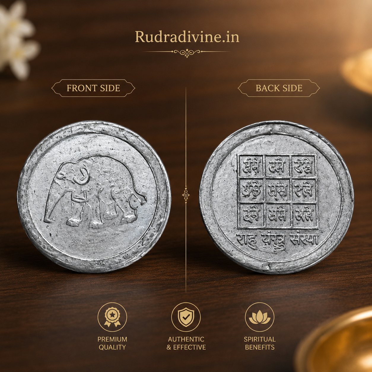 Rahu Yantra Coin Ranga Rahu Yantra Sikka by Rudradivine for traditional Rahu Puja, Lal Kitab remedies, astrology rituals, Navagraha worship, and spiritual practices.