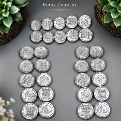 Rahu Yantra Coin Ranga Rahu Yantra Sikka by Rudradivine for traditional Rahu Puja, Lal Kitab remedies, astrology rituals, Navagraha worship, and spiritual practices.