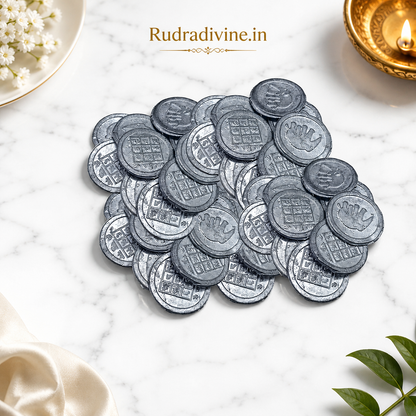 Rahu Yantra Coin Ranga Rahu Yantra Sikka by Rudradivine for traditional Rahu Puja, Lal Kitab remedies, astrology rituals, Navagraha worship, and spiritual practices.