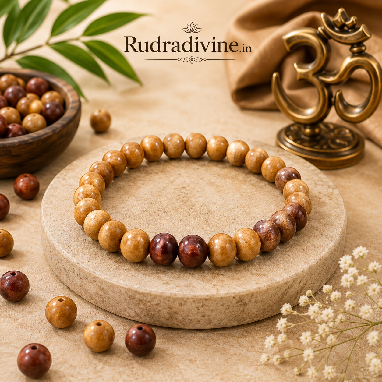 Red & White Sandalwood Bracelet Lal Safed Chandan with natural 8MM beads, traditionally used for meditation and spiritual practices, Lab Certified by Rudradivine.