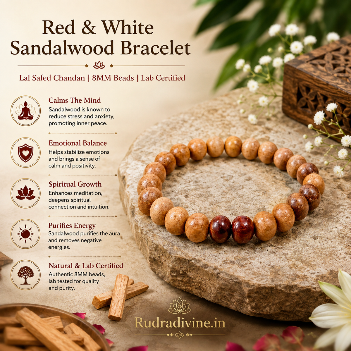 Red & White Sandalwood Bracelet Lal Safed Chandan with natural 8MM beads, traditionally used for meditation and spiritual practices, Lab Certified by Rudradivine.