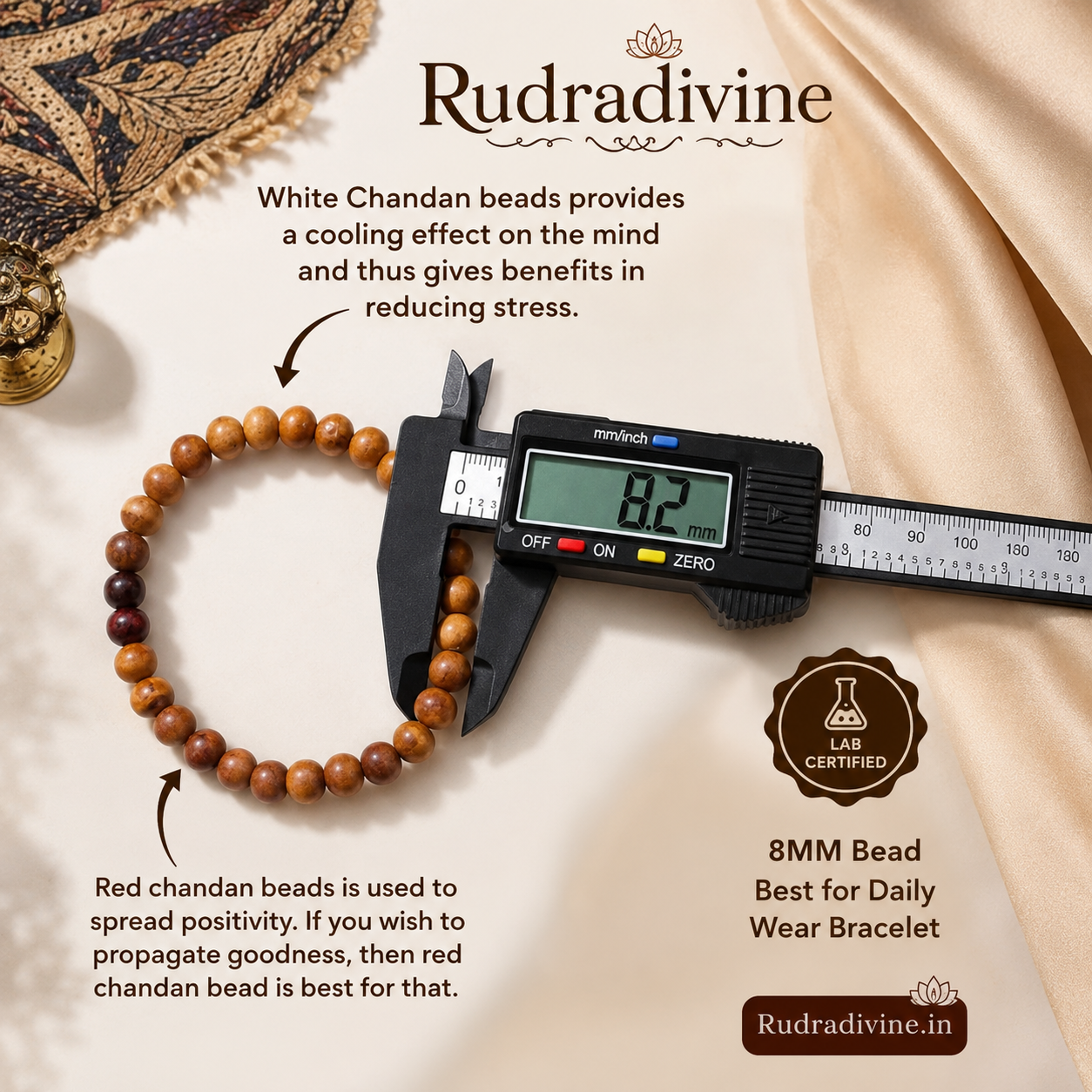 Red & White Sandalwood Bracelet Lal Safed Chandan with natural 8MM beads, traditionally used for meditation and spiritual practices, Lab Certified by Rudradivine.