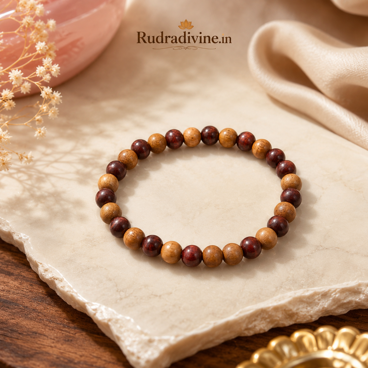 Red & White Sandalwood Bracelet Lal Safed Chandan with natural 8MM beads, traditionally used for meditation and spiritual practices, Lab Certified by Rudradivine.