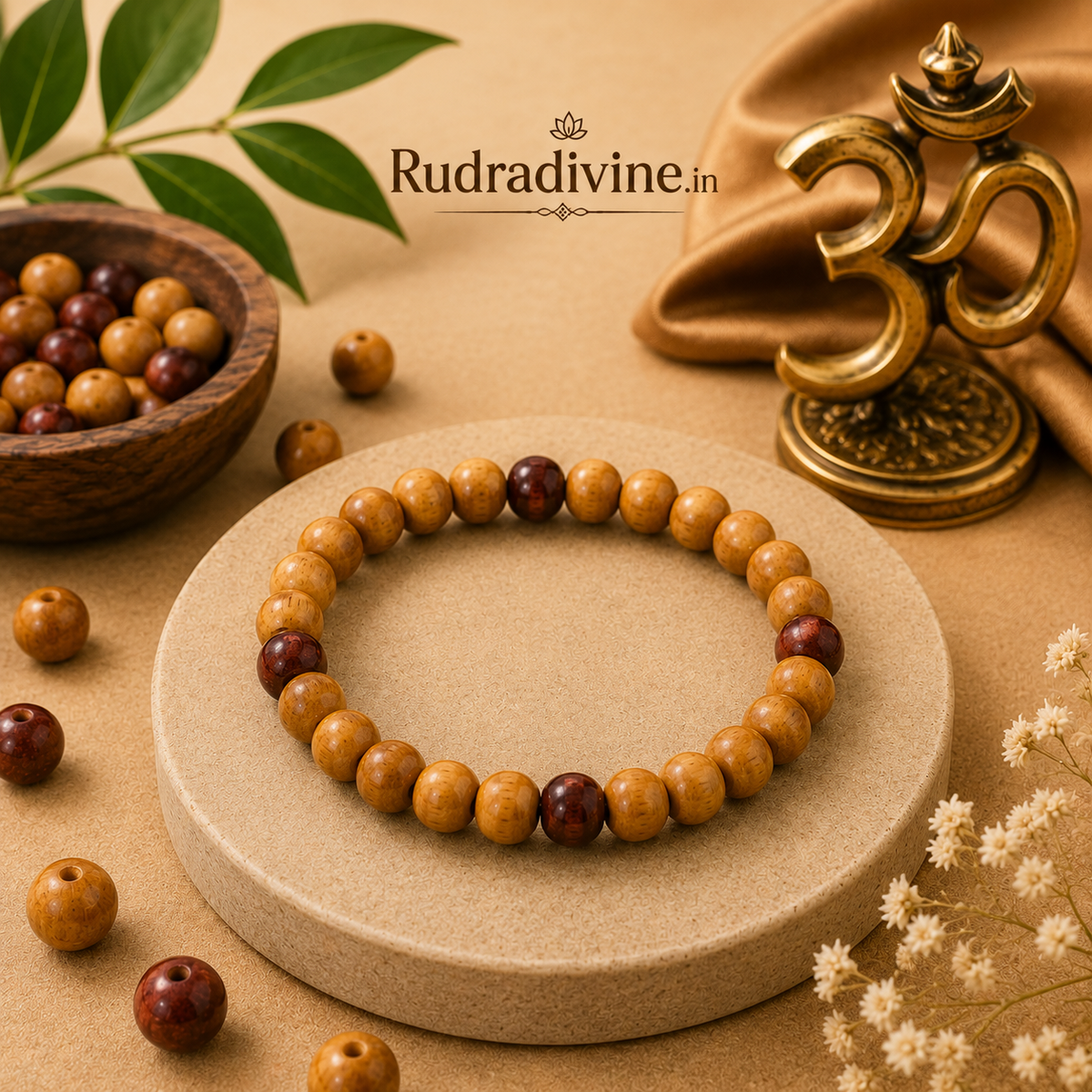 Red & White Sandalwood Bracelet Lal Safed Chandan with natural 8MM beads, traditionally used for meditation and spiritual practices, Lab Certified by Rudradivine.