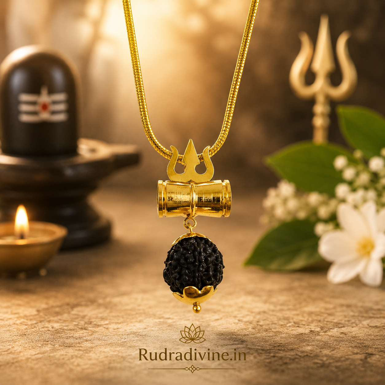 Rudraksha Locket with Brass Damru Trishul by Rudradivine, a Lord Shiva inspired spiritual pendant symbolizing devotion, meditation and divine protection.