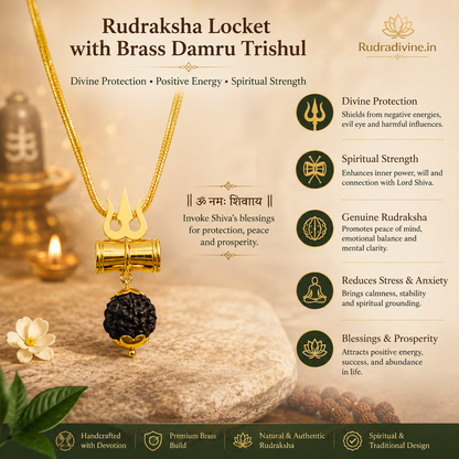 Rudraksha Locket with Brass Damru Trishul by Rudradivine, a Lord Shiva inspired spiritual pendant symbolizing devotion, meditation and divine protection.