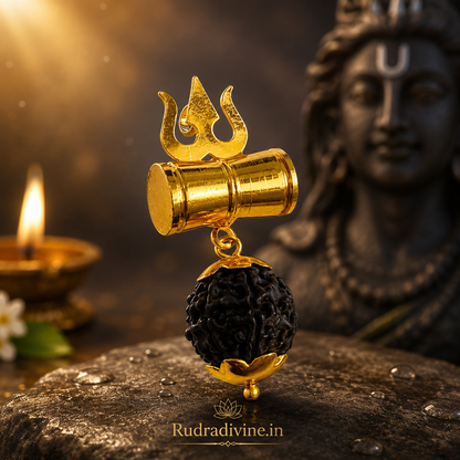 Rudraksha Locket with Brass Damru Trishul by Rudradivine, a Lord Shiva inspired spiritual pendant symbolizing devotion, meditation and divine protection.