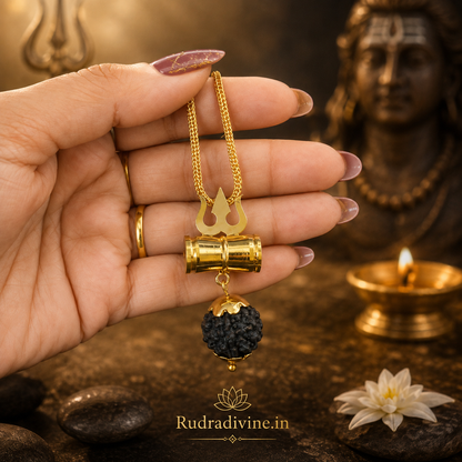 Rudraksha Locket with Brass Damru Trishul by Rudradivine, a Lord Shiva inspired spiritual pendant symbolizing devotion, meditation and divine protection.
