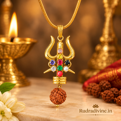 Rudraksha Trishul Locket with Navratna Rudraksh pendant and chain by Rudradivine, featuring sacred Trishul symbolism for devotional and spiritual wear.