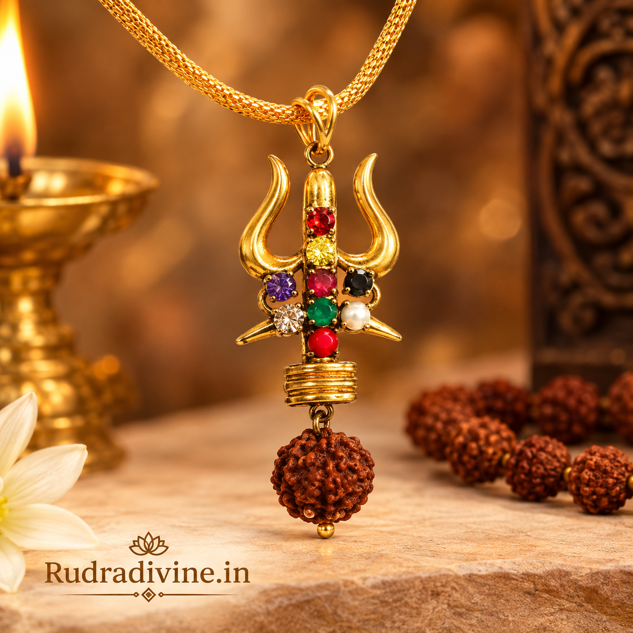 Rudraksha Trishul Locket with Navratna Rudraksh pendant and chain by Rudradivine, featuring sacred Trishul symbolism for devotional and spiritual wear.